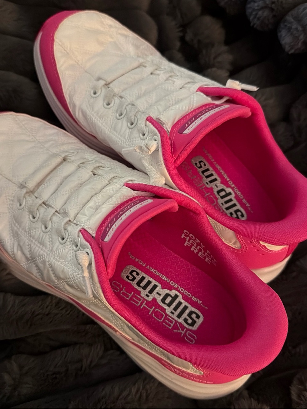 Skechers White and Hot Pink Slip-Ins Quilted Athletic Sneakers